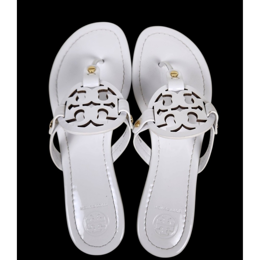 Tory Burch Miller Sandals Women's Size 8 Patent Leather Thong Sandals Brown Log - Picture 3 of 11